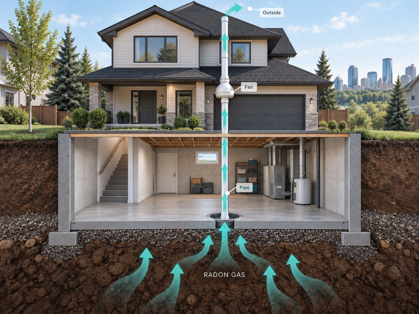 Radon gas entering an Edmonton home through cracks in the foundation, floor drains and sump areas, shown in a cutaway basement illustration.