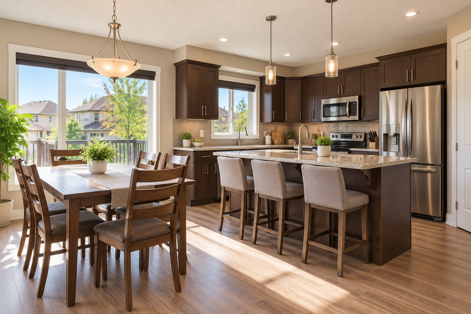 Clean kitchen and dining area prepared for an Edmonton home showing